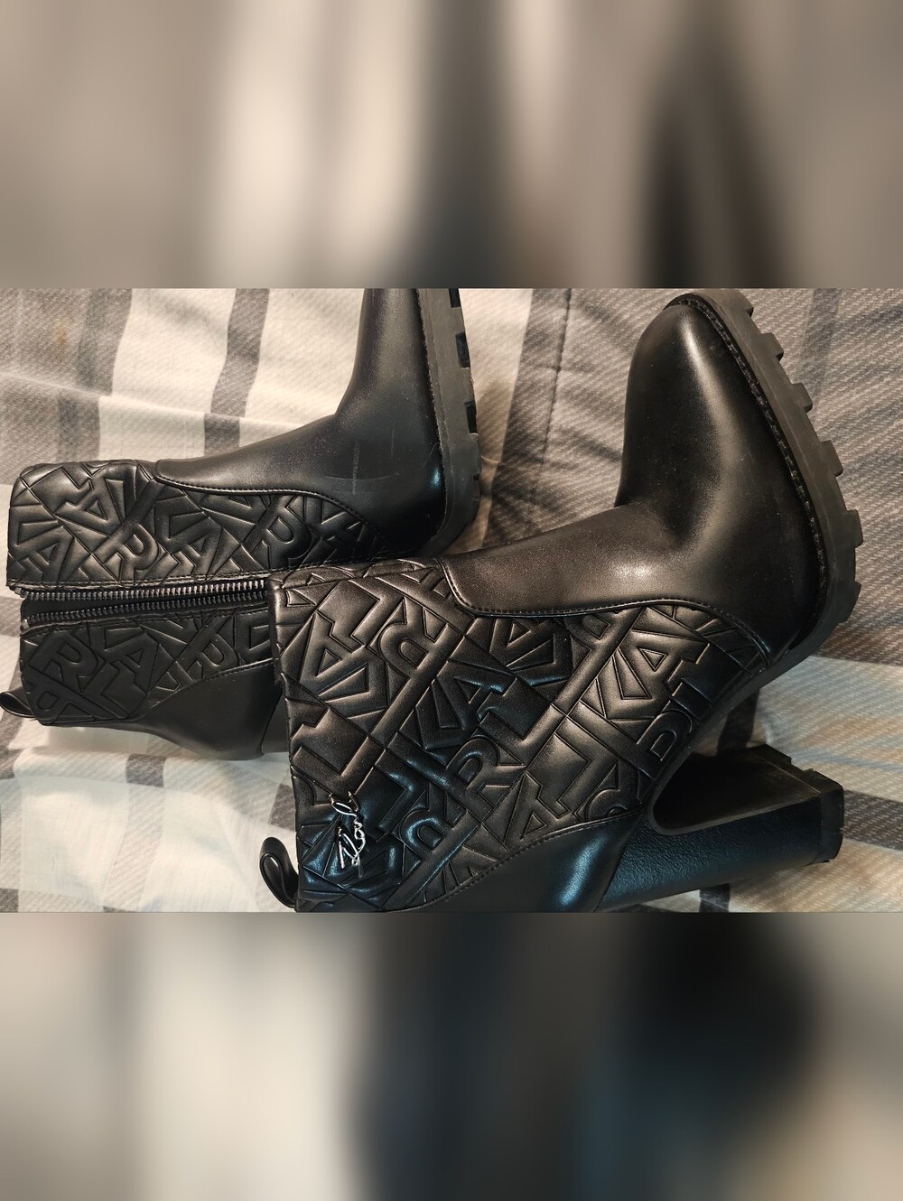 Karl Lagerfeld Black Embossed Logo Leather Ankle Boots Size 7.5